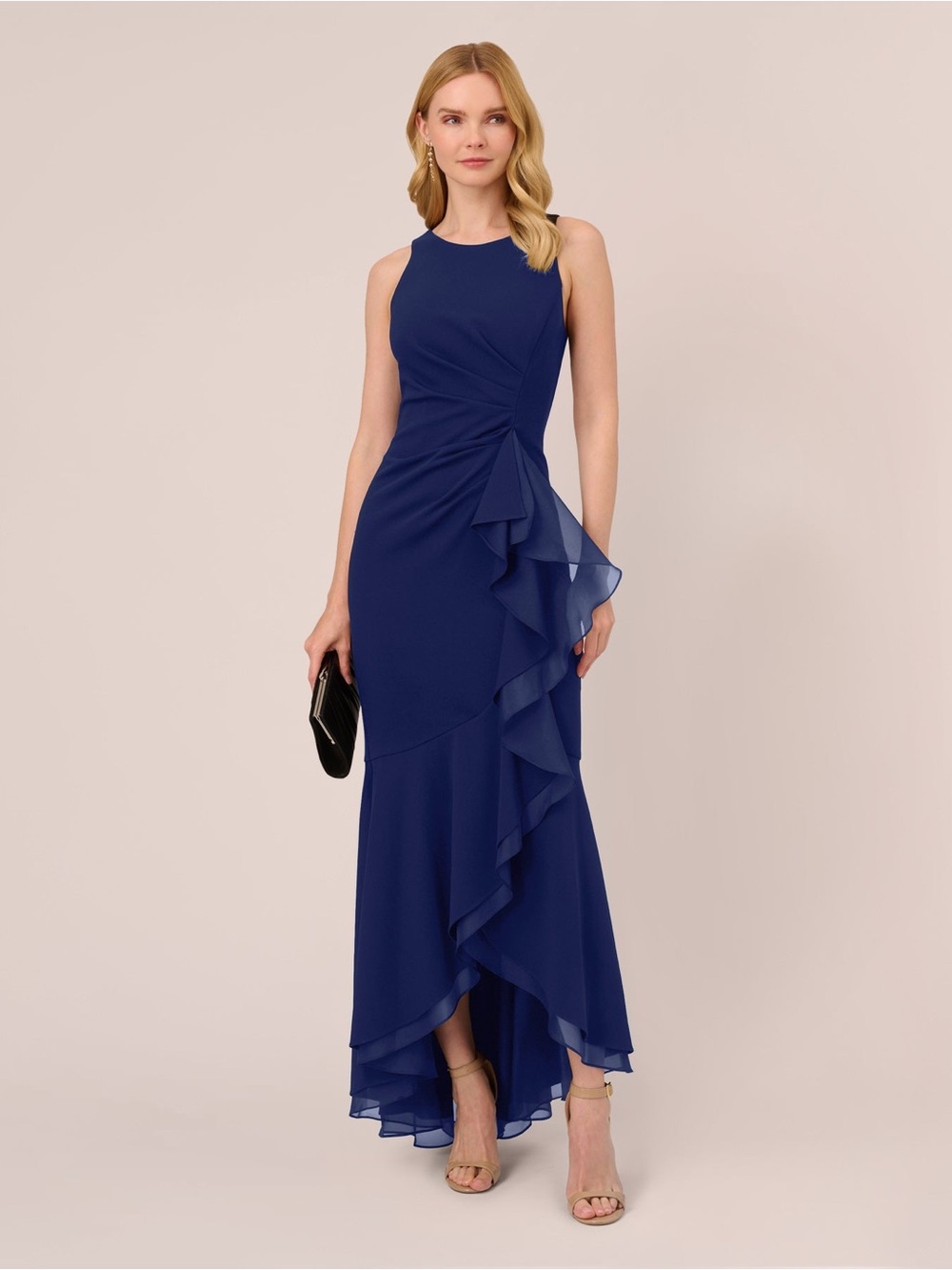 Adrianna Papell Navy Blue Ruffle High Low Evening Gown SZ 4 NWT GALA MOB Formal